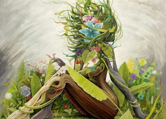 dibujo de una mujer con flores y hierbas dibujadas en el cuerpo