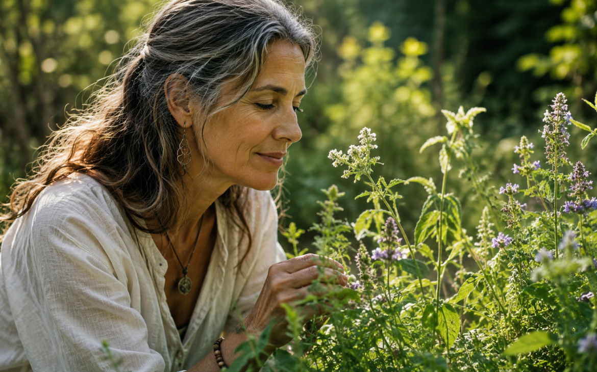 mujer observando plantas