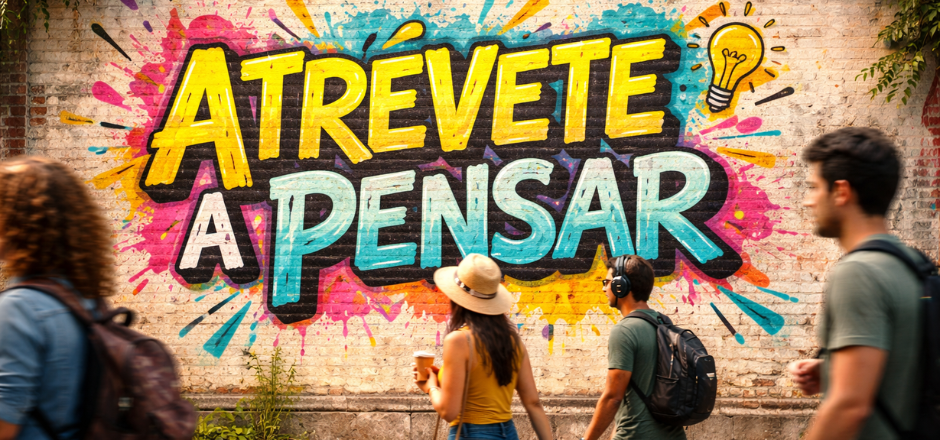 frase ATREVETE A PENSAR escrita en la pared de una calle estilo grafiti con personas paseando alrededor