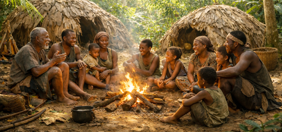 grupo de personas de una tribu alrededor de un fuego rodeados de chozas en la selva
