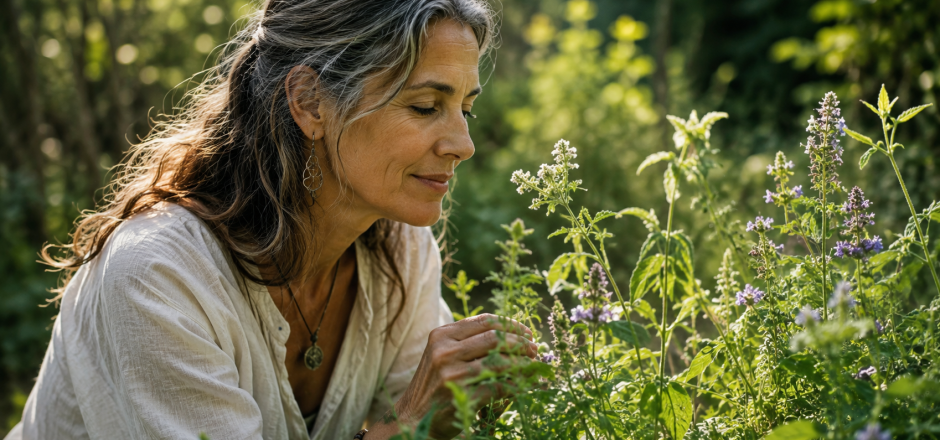 mujer observando plantas